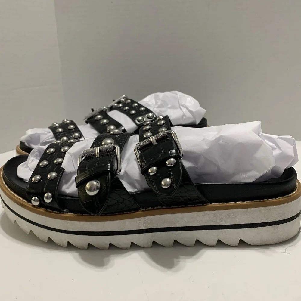 Steven Black Embossed Studded Platform Sandals
